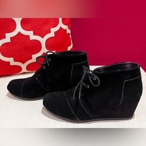 BOBS from Skechers - Black Suede Lace-Up Ankle Wedge Booties
